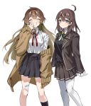  black_skirt blue_eyes brown_hair brown_jacket brown_skirt brown_suit highres hod_(project_moon) jacket library_of_ruina malkuth_(project_moon) mu46016419 pantyhose project_moon shirt skirt suit thighs white_pantyhose white_shirt 