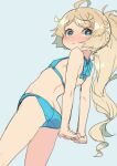  1girl absurdres bare_arms bare_legs bikini bikini_day blonde_hair blue_bikini blue_eyes blush closed_mouth highres long_hair looking_back original ponytail rosia_san simple_background solo swimsuit variant_set 