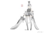  1girl armor bare_shoulders breastplate chain character_request chest_armor chinese_commentary closed_mouth commentary_request copyright_request covered_eyes dual_wielding facing_viewer full_body grey_footwear grey_skirt grey_thighhighs holding holding_sword holding_weapon huge_weapon liren44 miniskirt pleated_skirt sandals short_hair simple_background skirt sleeveless solo standing sword tabi thighhighs weapon weibo_logo weibo_username white_background white_hair 