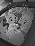 anthro bear blush car caressing_face cheek_tuft clothed clothing dialogue drunk duo facial_tuft greyscale hi_res inside lagomorph leporid long_ears male male/male mammal monochrome munie rabbit shirt size_difference smile substance_intoxication topwear tuft vehicle