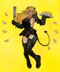  1girl absurdres apron black_apron blonde_hair breasts demon_horns demon_tail dorohedoro highres holding horns long_hair ma2_ereki nikaidou_(dorohedoro) open_mouth red_eyes simple_background smile solo tail yellow_background 