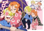  +_+ 1boy 1girl blonde_hair blue_kimono cape closed_eyes closed_mouth heart hug japanese_clothes kimono nami_(one_piece) one_piece open_mouth orange_hair pants pink_kimono pori_(kmt_pori) sanji_(one_piece) translation_request 