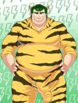 2024 balls_outline belly big_belly bulge clothed clothing eyes_closed genital_outline ginnan_0510 green_hair hair hi_res horn horned_humanoid humanoid lum&#039;s_father male musclegut overweight overweight_male penis_outline solo urusei_yatsura