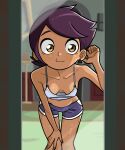  1girl absurdres breasts brown_eyes brown_hair cleavage collarbone crop_top dark-skinned_female dark_skin downblouse earrings eyelashes highres jewelry leaning_forward looking_at_mirror luz_noceda mirror n_k_m short_hair solo the_owl_house thigh_gap 