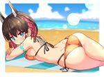  1girl arm_pillow ass azure_striker_gunvolt_3 back beach beach_towel bikini blue_eyes blue_sky blurry blurry_background blush body_markings braid brown_hair closed_mouth cloud cloudy_sky commentary cougar_(cougar1404) day depth_of_field from_behind frown halterneck headgear horizon kirin_(gunvolt) lens_flare looking_at_viewer looking_back lying multi-strapped_bikini_bottom multicolored_hair ocean on_ground on_stomach orange_bikini outdoors pink_hair short_hair side-tie_bikini_bottom sky solo string_bikini sweatdrop swimsuit towel 