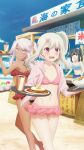  3girls bare_back bare_shoulders barefoot beach beach_umbrella bikini blonde_hair blue_sky blush breasts chopsticks cleavage closed_mouth collarbone cup dark-skinned_female dark_skin day dot_nose drink drinking_straw egg_(food) fate/kaleid_liner_prisma_illya fate_(series) food food_request frilled_bikini frills game_cg hair_between_eyes hair_ornament hairclip highres holding illyasviel_von_einzbern jacket long_hair long_sleeves miyu_edelfelt multiple_girls navel ocean official_art open_clothes open_jacket open_mouth outdoors pink_bikini pink_hair pink_jacket plate ponytail red_bikini red_eyes sky small_breasts standing stomach swimsuit thighs third-party_source umbrella yellow_eyes 