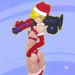  1boy animal_penis ass blonde_hair blue_background blue_eyes christmas earrings elbow_gloves gloves hat highres holding horse_penis jewelry looking_at_viewer nipples original otoko_no_ko penis santa_hat sex_toy smile solo tailbox thighhighs 