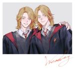  2boys black_robe brothers character_signature chinese_commentary collared_shirt commentary dress_shirt fred_weasley george_weasley grey_background grey_sweater_vest grin gryffindor hand_on_another&#039;s_shoulder happy harry_potter_(series) highres male_focus medium_hair multiple_boys necktie noren_(noren1512) orange_eyes orange_hair parted_bangs red_necktie robe shirt siblings simple_background smile sweater_vest twins two-sided_fabric two-sided_robe upper_body white_shirt wizarding_world 