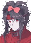  1boy absurdres black_hair bow cloak closed_mouth final_fantasy final_fantasy_vii gongju_s2 hair_bow headband highres long_hair portrait red_cloak red_eyes red_hair red_headband simple_background solo sweatdrop vincent_valentine white_background 