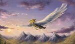 2021 ambiguous_gender cloud digital_media_(artwork) dragon feathered_wings feathers feral fexneel_denisse flying hi_res landscape long_neck mountain open_mouth scales sky solo sun watermark wings yellow_body yellow_scales