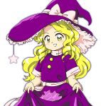  1girl :d blonde_hair bow clothes_lift dress dress_lift grey_outline hat hat_bow kirisame_marisa kirisame_marisa_(pc-98) lifted_by_self long_hair nonamejd official_style outline purple_dress purple_headwear sash simple_background skirt_basket smile solo star_(symbol) touhou touhou_(pc-98) turtleneck white_background white_bow white_sash witch_hat yellow_eyes zun_(style) 