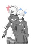  1boy 1girl 2b_(nier:automata) 9s_(nier:automata) blindfold blue_ribbon bob_cut boots choker cleavage_cutout closed_mouth clothing_cutout coat couple cowboy_shot dress duoj_ji feather-trimmed_sleeves gloves hair_ribbon hairband hand_on_another&#039;s_waist heart highres juliet_sleeves leotard long_sleeves looking_at_another mole mole_under_mouth monochrome nier:automata nier_(series) pink_ribbon puffy_sleeves ribbon short_hair smile spot_color swept_bangs thigh_boots turtleneck_dress white_background 
