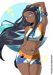  1girl absurdres arm_above_head black_hair blue_eyes blue_eyeshadow blue_hair blue_sky breasts closed_mouth cloud collarbone commentary cowboy_shot dark-skinned_female dark_skin earrings eyelashes eyeshadow ghostypaint gloves highres hoop_earrings jewelry long_hair makeup medium_breasts multicolored_hair navel nessa_(pokemon) patreon_username pokemon pokemon_swsh skin_tight sky solo sparkle streaked_hair two-tone_hair water white_background 