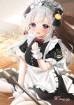  1girl absurdres alternate_costume apron azur_lane black_dress blue_eyes blush bow bowtie crying dress enmaided flandre_(azur_lane) flandre_(if_love_is_a_sin_thou_art_forgiven)_(azur_lane) grey_hair hair_bow highres long_hair looking_at_viewer low_twintails maid maid_apron maid_headdress on_floor open_mouth pantyhose puffy_short_sleeves puffy_sleeves red_bow red_bowtie short_sleeves sitting tsuri_pi twintails twitter_username wavy_mouth white_apron white_pantyhose wrist_cuffs 