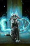 2022 animal_ears anthro blue_eyes blue_fire breasts canid canine cleavage clothed clothing colored_fire digital_media_(artwork) digitigrade elemental_manipulation female fennec fexneel_denisse fire fire_manipulation fox fur hair hi_res legwear mammal solo topwear torn_clothing torn_legwear torn_topwear watermark white_body white_fur white_hair