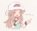  black_wristband blue_shirt blush_stickers brown_hair closed_eyes commentary_request cropped_torso grey_background hands_up happy hat laughing leaf_(pokemon) long_hair lowres mgomurainu pointing pointing_to_the_side pokemon pokemon_frlg shirt sidelocks simple_background sleeveless sleeveless_shirt smile spoken_www sun_hat upper_body white_headwear wristband 