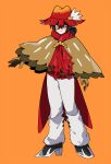  black_footwear black_hair brown_cape brown_gloves cape colored_sclera facial_mark gloves gotoroku_(pkg) highres hisuian_decidueye medium_hair orange_background personification pokemon red_eyes red_headwear solo standing yellow_sclera 