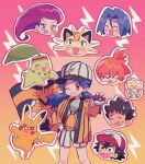  3boys 3girls ash_ketchum baseball_cap baseball_uniform black_hair blue_eyes blue_hair blush_stickers bright_pupils brock_(pokemon) brown_hair casey_(pokemon) cat chibi chibi_inset chikorita closed_eyes commentary_request earrings electabuzz fangs flag gradient_background grin hand_up happy hat headband high_ponytail highres holding holding_poke_ball jacket james_(pokemon) jessie_(pokemon) jewelry lightning_bolt_symbol long_hair looking_up megaphone meowth mgomurainu misty_(pokemon) multicolored_clothes multicolored_headwear multiple_boys multiple_girls one_eye_closed open_clothes open_jacket open_mouth orange_hair outstretched_arm pikachu pink_hair poke_ball pokemon pokemon_(anime) pokemon_(classic_anime) red_eyes short_hair short_ponytail shorts side_ponytail sigh smile sphere_earrings spiked_hair sportswear striped striped_jacket striped_shorts surprised sweatdrop tearing_up togepi twintails upper_body vertical-striped_jacket vertical-striped_shorts vertical_stripes yellow_jacket 