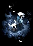  1boy 1other arthropod_boy bug fuifui grey_cloak highres holding holding_map holding_weapon hollow_eyes hollow_knight horned_mask knight_(hollow_knight) map mask mask_on_head nail_(hollow_knight) no_humans plant quirrel signpost statue weapon 