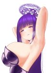  1girl absurdres armpits arms_behind_head arms_up breasts breath closed_mouth cut_bangs fern_(sousou_no_frieren) half-closed_eyes halo highres huge_breasts lips long_hair looking_at_viewer mjoanf_1 playboy_bunny purple_eyes purple_hair purple_lips sideboob simple_background sleeveless solo sousou_no_frieren sweat unitard upper_body white_background 