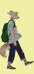 absurd_res anthro backpack brown_body canid canine canis clothed clothing digital_drawing_(artwork) digital_media_(artwork) fully_clothed hi_res male mammal novabyte shaded signature simple_background solo solo_focus text url wallpaper wolf