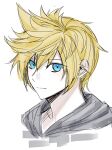  1boy absurdres black_coat blonde_hair blue_eyes closed_mouth coat from_side gongju_s2 highres hood hood_down kingdom_hearts looking_at_viewer portrait roxas short_hair simple_background sketch solo white_background 