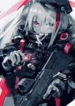  1girl aamond absurdres beret cellphone desert_tech_mdr flip_phone girls&#039;_frontline gloves grey_hair greyscale hat heterochromia highres holding holding_phone jacket long_hair looking_at_viewer mdr_(girls&#039;_frontline) monochrome multicolored_hair phone pink_eyes pink_hair solo strap streaked_hair tactical_clothes 