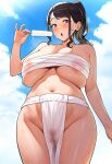  1girl ai-generated breasts brown_eyes brown_hair food fundoshi hanging_breasts highres japanese_clothes large_breasts mature_female medium_hair non-web_source original popsicle sagging_breasts sarashi see-through sexually_suggestive sky sweat 