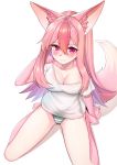  1girl absurdres animal_ear_fluff animal_ears arm_up barefoot blush brand_new_animal breasts cleavage fox_ears fox_tail from_above furry hand_in_hair highres hiwatashi_nazuna legs long_hair looking_up neko_lu_(wofud453) no_pants off_shoulder panties pink_eyes pink_hair shirt short_sleeves sitting smile solo striped striped_panties t-shirt tail thighs toes underwear white_shirt 