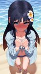  1girl absurdres angry beach bikini black_hair blue_eyes blurry blush breasts cleavage clenched_hands closed_mouth collarbone commentary_request day depth_of_field flower from_above full_body hair_flower hair_ornament highres idolmaster idolmaster_million_live! idolmaster_million_live!_theater_days jewelry long_hair mogami_shizuka navel necklace ocean open_clothes open_shirt outdoors sand sandals small_breasts solo surps sweatdrop swimsuit 