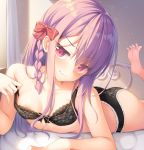  1girl absurdres ass bangs bare_shoulders barefoot black_bra black_panties blush bow bra braid breasts closed_mouth collarbone commentary_request eyebrows_visible_through_hair hair_between_eyes hair_bow highres long_hair looking_at_viewer lying on_stomach original panties purple_hair red_bow shinigami_(tukiyomiikuto) side_braid smile solo striped underwear underwear_only 