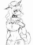  ! 2017 5_fingers anthro baseball_cap black_and_white breasts clothed clothing collar english_text equid female fingers hair hat headgear headwear horn kitsuneten long_hair mammal medium_breasts monochrome navel simple_background sketch snout solo text unicorn white_background 