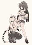  2girls animal_ears arknights bandaged_hand bandaged_leg bandages blush breasts candy fellatio food fur-trimmed_jacket fur_trim futa_with_female futanari greyscale highres indra_(arknights) jacket jacket_on_shoulders large_breasts lion_ears lion_tail lollipop looking_down monochrome multiple_girls open_clothes open_shorts oral pants penis scar short_shorts shorts siege_(arknights) squatting studded_choker sweat tail telsonkk tongue tongue_out topless torn_clothes 