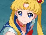 1girl absurdres bishoujo_senshi_sailor_moon blonde_hair blue_background blue_eyes blue_sailor_collar breasts choker circlet cleavage collarbone commentary_request crescent crescent_earrings derivative_work double_bun earrings from_side hair_over_shoulder heart highres jewelry long_hair magical_girl parted_lips red_choker sailor_collar sailor_moon sailor_moon_redraw_challenge sailor_senshi_uniform screencap_redraw short_sleeves solo tsukino_usagi twintails upper_body yuu_(higashi_no_penguin) 