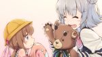  2girls ascot bare_shoulders bear_paws blazer blush_stickers brown_eyes brown_hair closed_eyes detached_sleeves frilled_shirt frills grey_hair hair_bun hair_ornament hairclip hat highres holding holding_another&#039;s_arm holding_stuffed_animal horns jacket koharu_rikka lakiston long_hair looking_at_viewer multiple_girls neck_ribbon open_mouth pink_neckwear ribbon school_hat shirt short_hair smile striped striped_ribbon stuffed_animal stuffed_bunny stuffed_toy takeda_yukimura teddy_bear tsukuyomi_ai upper_body voiceroid waving yellow_headwear 