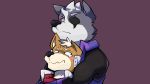  16:9 anthro biped blush bodily_fluids canid canine canis clothed clothing duo eye_patch eyewear fox fox_mccloud fur grey_body grey_fur hair hi_res hug hugging_from_behind male mammal multicolored_body multicolored_fur nintendo orange_body orange_fur red_eyes rygel_spkb scarf simple_background size_difference standing star_fox sweat two_tone_body two_tone_fur video_games white_body white_fur white_hair widescreen wolf wolf_o&#039;donnell 