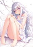  1girl ahoge bangs bare_legs bare_shoulders barefoot black_choker blue_ribbon blunt_bangs blush chain choker closed_mouth collarbone commentary_request convenient_leg dress feathers feet full_body hair_ornament hairclip highres knees_up legs long_hair looking_at_viewer original purple_eyes revision ribbon short_dress silver_hair simple_background sitting sleeveless sleeveless_dress solo strap_slip sundress tomifumi very_long_hair water_drop white_background white_dress 