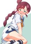  1girl absurdres ass blush braid braided_ponytail dress embarrassed flower from_side green_eyes hair_flower hair_ornament highres looking_back open_mouth panties pokemon pokemon_(anime) red_hair sakuragi_koharu short_sleeves sweat tokomaya_keita underwear wavy_mouth white_panties 