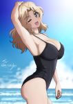  1girl ;d arm_up armpits bangs black_swimsuit blonde_hair blue_eyes blue_sky blurry blurry_background blush breasts bukkuri casual_one-piece_swimsuit cleavage collarbone commentary_request cowboy_shot dated day depth_of_field eyebrows_visible_through_hair from_side girls_und_panzer highres horizon kay_(girls_und_panzer) large_breasts long_hair looking_at_viewer looking_to_the_side ocean one-piece_swimsuit one_eye_closed open_mouth outdoors parted_bangs signature sky smile solo sunlight swimsuit water 