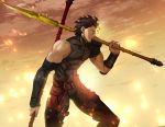  1boy abs aora armor bare_shoulders biceps black_hair chest cloud cloudy_sky covered_abs covered_navel embers fate/zero fate_(series) fighting_stance from_side gae_buidhe gae_dearg glowing hair_between_eyes holding holding_weapon lancer_(fate/zero) leather looking_to_the_side male_focus mole mole_under_eye muscle polearm sky sleeveless solo spear spiked_hair thighs tight toned toned_male upper_body weapon yellow_eyes 