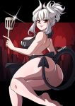  1girl apron artist_name ass bangs bare_arms bare_back bare_legs bare_shoulders bare_thighs black_apron black_tail blush breasts demon_girl demon_horns demon_tail eyebrows_visible_through_hair helltaker highres horns huge_ass huge_breasts kinkymation large_breasts long_hair looking_back looking_to_the_side lucifer_(helltaker) mole mole_under_eye naked_apron no_bra no_panties no_undershirt ponytail red_eyes smile solo tail white_hair white_horns 
