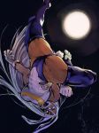  1girl absurdres animal_ears ass boku_no_hero_academia breasts bunny_ears bunny_tail dark_skin full_body full_moon gloves groin highres large_breasts leotard looking_at_viewer mirko moon night open_mouth red_eyes smile solo tail teeth thighhighs thong_leotard white_gloves white_hair 