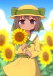 1girl bangs blue_sky blurry blurry_background blush bow brown_dress brown_eyes brown_hair brown_headwear closed_mouth cloud dark_skin day depth_of_field dress eyebrows_visible_through_hair field flower flower_field green_bow hat hat_bow highres holding holding_flower long_sleeves naga_u outdoors razzy short_hair sky smile solo summon_night summon_night_swordcraft_story sun_hat sunflower yellow_flower 