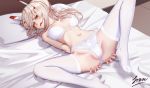  1girl ayanami_(azur_lane) azur_lane bedroom blush bound bra breasts eyebrows_visible_through_hair freze hair_between_eyes hair_ornament headgear long_hair looking_at_viewer lying medium_breasts navel older on_back on_bed one_eye_closed open_bra open_mouth panties pillow ponytail solo spread_legs thighhighs thighs tied_up underwear white_bra white_legwear white_panties 