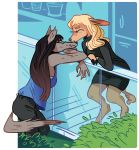  2017 anthro balcony basha_(uzon) blush bottomwear canid canine canis cervid clothing dress eyes_closed female female/female hair hi_res jessie_(uzon) mammal nuzzling pants plant romantic_ambiance romantic_couple shirt shrub tank_top topwear uzon wolf 