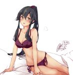  1girl bed_sheet black_hair blush bra character_name collarbone eyebrows_visible_through_hair groin hair_between_eyes kantai_collection long_hair open_mouth panties ponytail purple_bra purple_panties red_eyes rizzl signature simple_background solo twitter_username underwear very_long_hair white_background yahagi_(kantai_collection) 