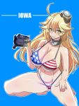  1girl american_flag_bikini bikini blonde_hair blue_background breasts character_name cleavage commentary_request flag_print full_body headgear iowa_(kantai_collection) kantai_collection large_breasts rebasuto simple_background smile solo squatting star star-shaped_pupils swimsuit symbol-shaped_pupils xf5u yellow_eyes 