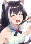  1girl ^_^ amethyst_(gemstone) animal_ears bangs bare_shoulders beppu_mitsunaka black_hair blush brooch cat_ears cat_girl cat_tail closed_eyes collarbone eyebrows_visible_through_hair feeding food food_on_face gem gloves highres holding holding_food jewelry karyl_(princess_connect!) multicolored_hair open_mouth princess_connect! princess_connect!_re:dive simple_background solo_focus streaked_hair tail upper_body white_background white_gloves white_hair 
