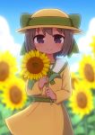  1girl bangs blue_sky blurry blurry_background blush bow brown_dress brown_eyes brown_hair brown_headwear closed_mouth cloud commentary_request dark_skin day depth_of_field dress eyebrows_visible_through_hair field flower flower_field green_bow hat hat_bow highres holding holding_flower long_sleeves naga_u outdoors razzy short_hair sky smile solo summon_night summon_night_swordcraft_story sun_hat sunflower yellow_flower 