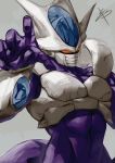  1boy armor black_nails cooler_(dragon_ball) covered_mouth dragon_ball dragon_ball_z evil_eyes facial_mask fingernails frieza_clan horns looking_at_viewer male_focus mask mouth_mask muscle orb purple_skin red_eyes reeya simple_background solo white_skin 